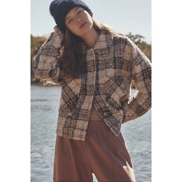 Greylin Anthropologie Fuzzy Plaid Cropped Shacket Jacket Women's M - Brown Multi - Picture 2 of 15